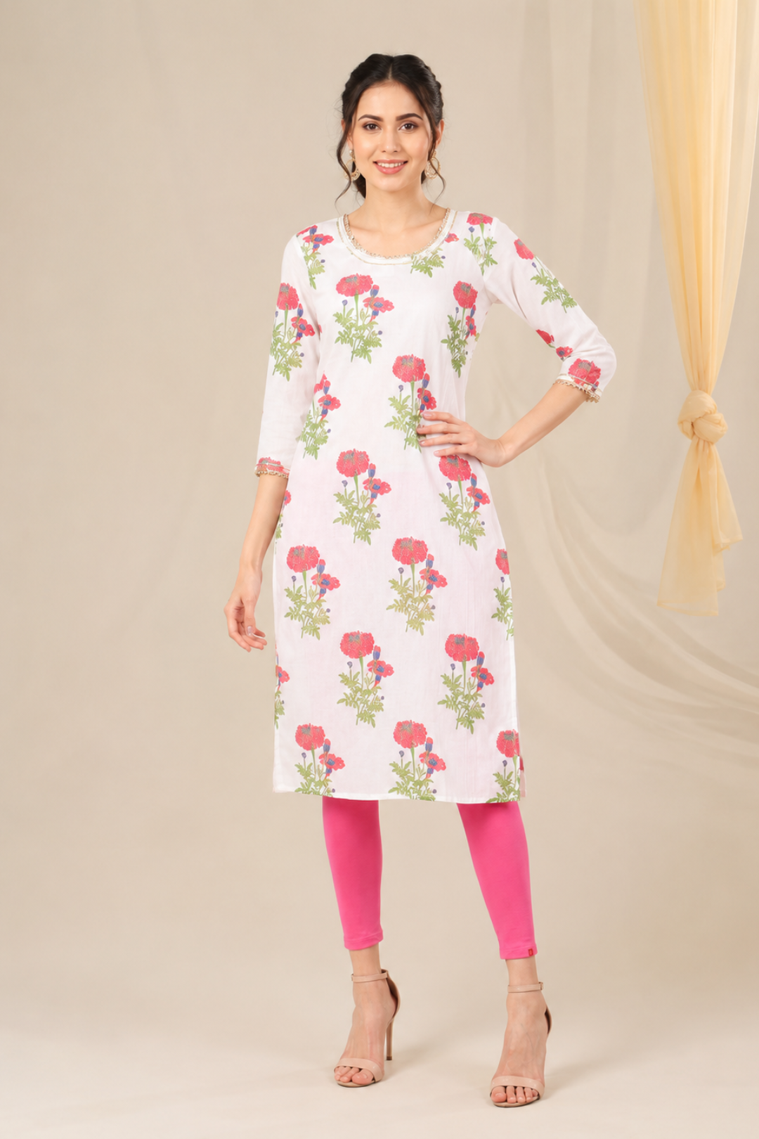White Hand Block Printed Straight Cotton Kurta