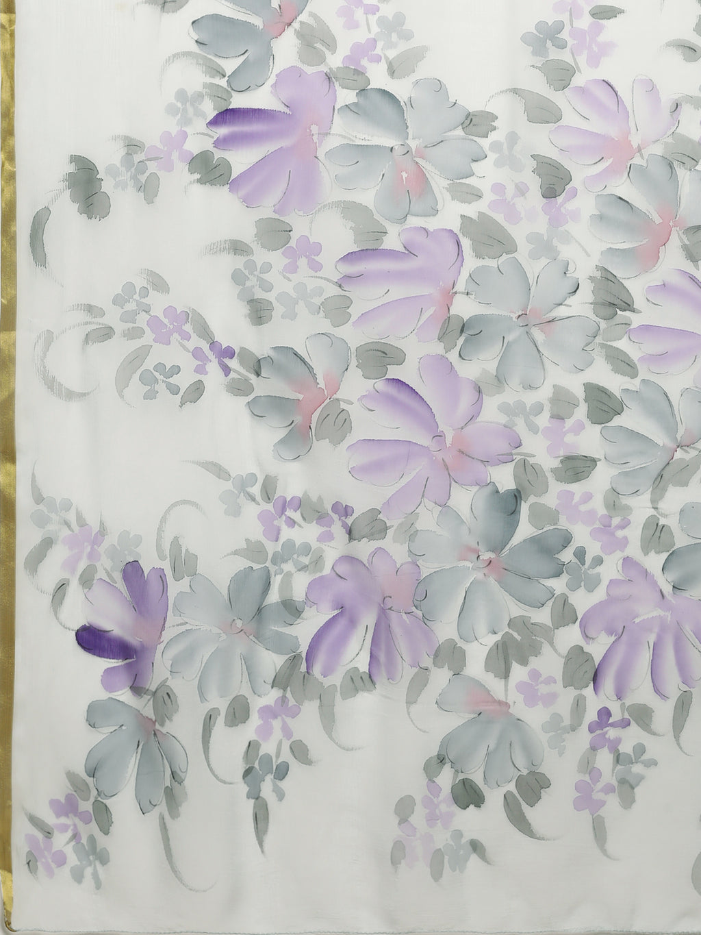 Grey And Purple Hand Painted Floral Chiffon Saree