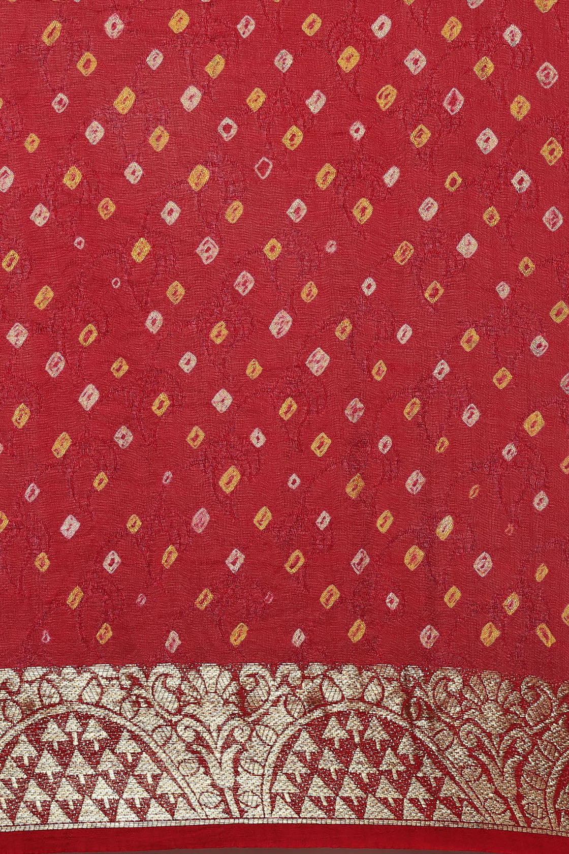 Red & Gold-Toned Bandhani Zari Silk Blend Bandhani Saree
