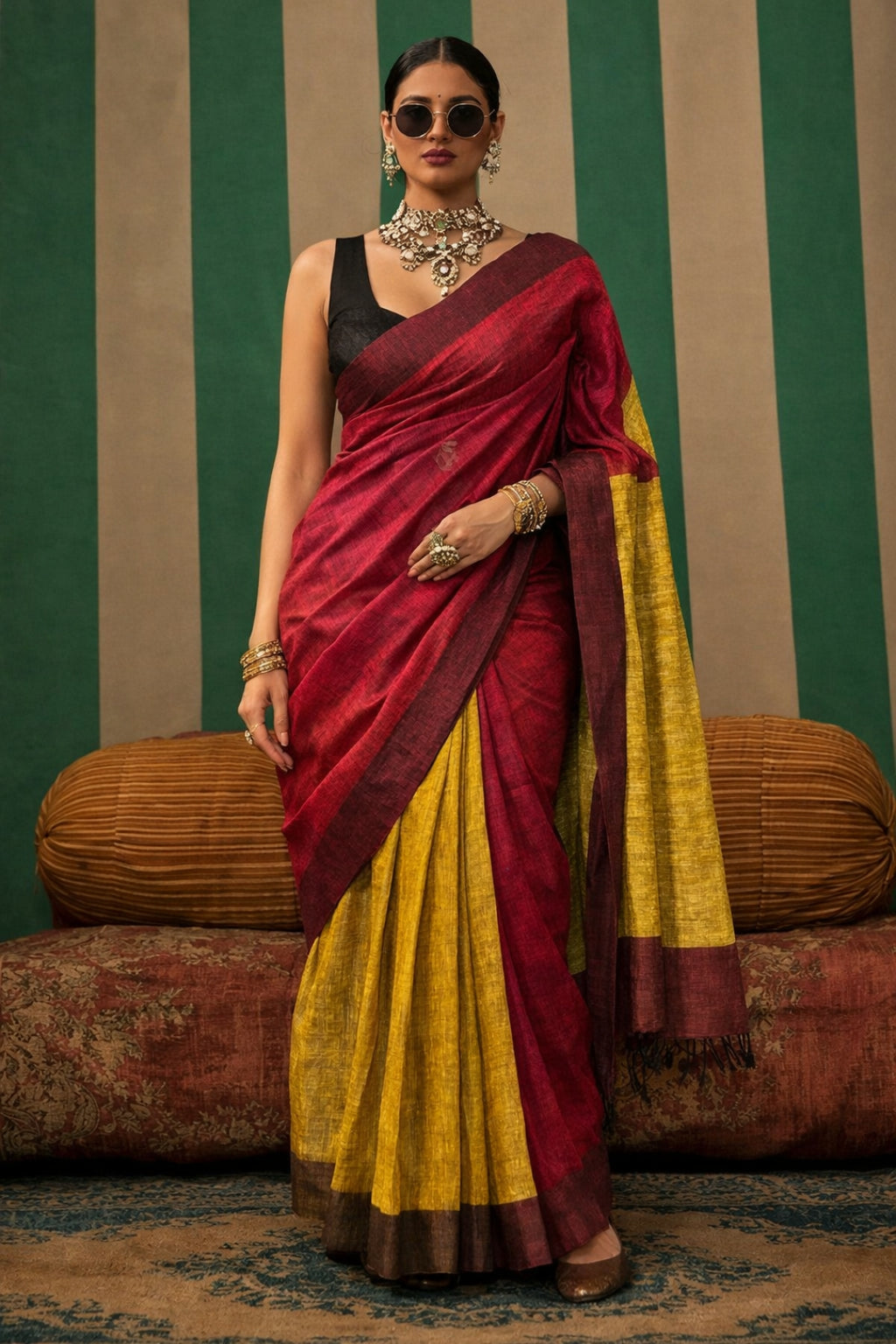 Maroon Handwoven Pure Linen Saree