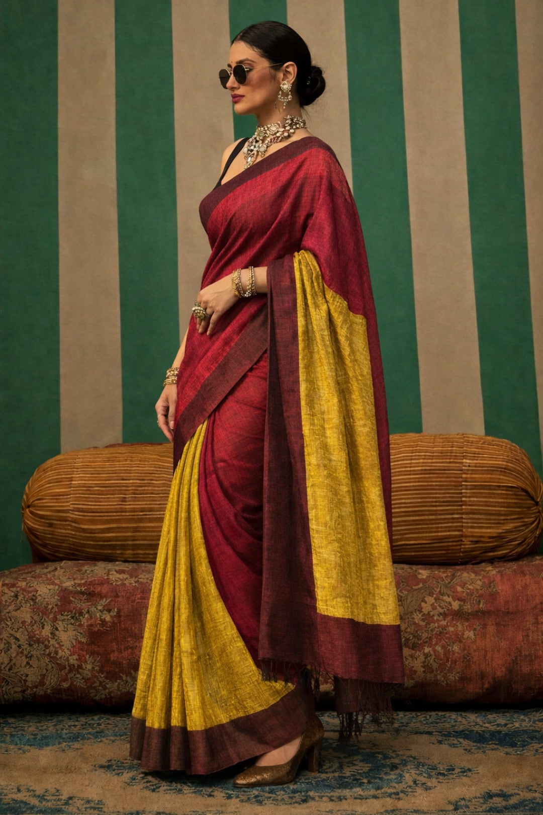 Maroon Handwoven Pure Linen Saree