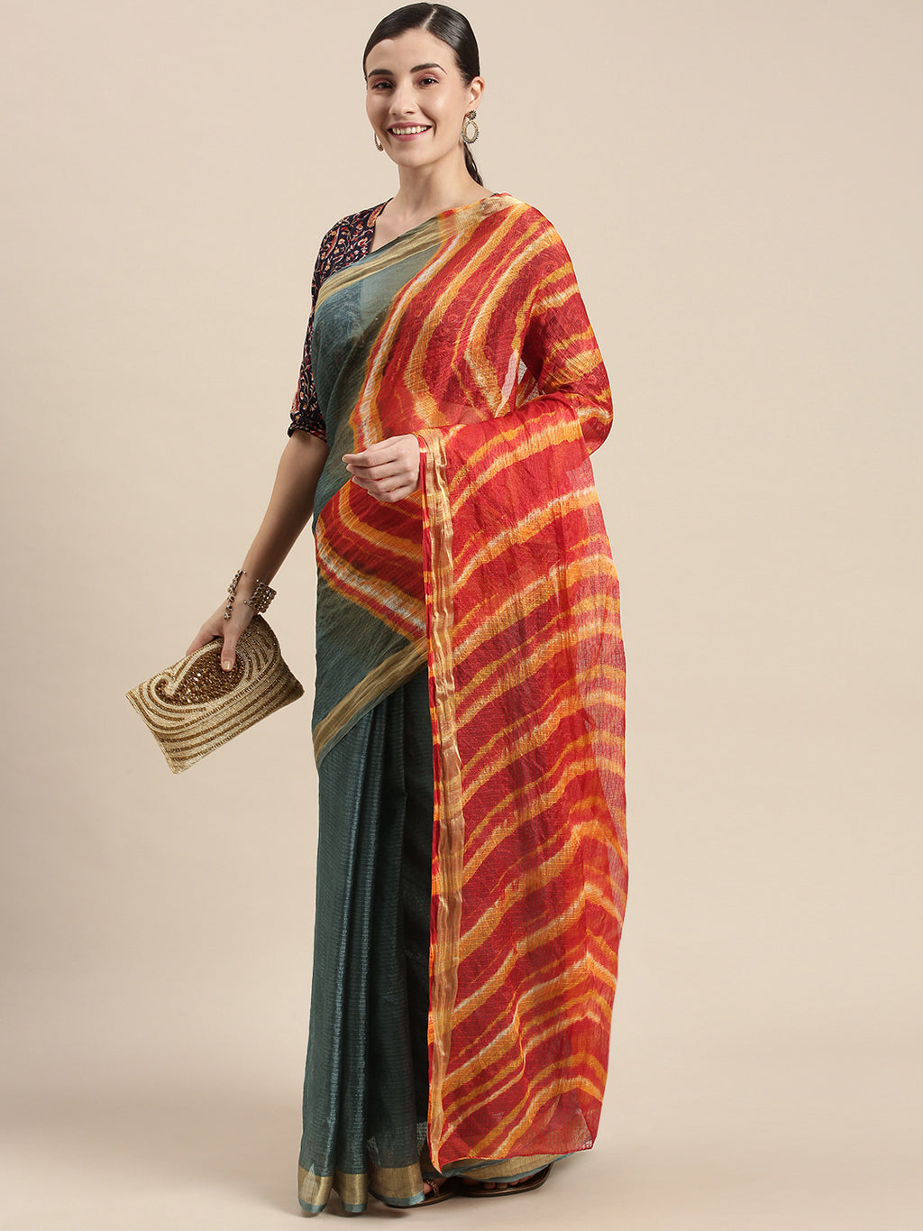 Multi Color Hand Dyed Leheriya Zari Border Kota Doria Silk Saree