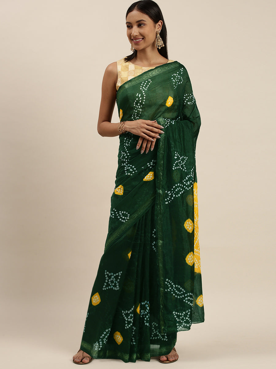 Green Hand Dyed Bandhani Zari Work Art Silk Saree
