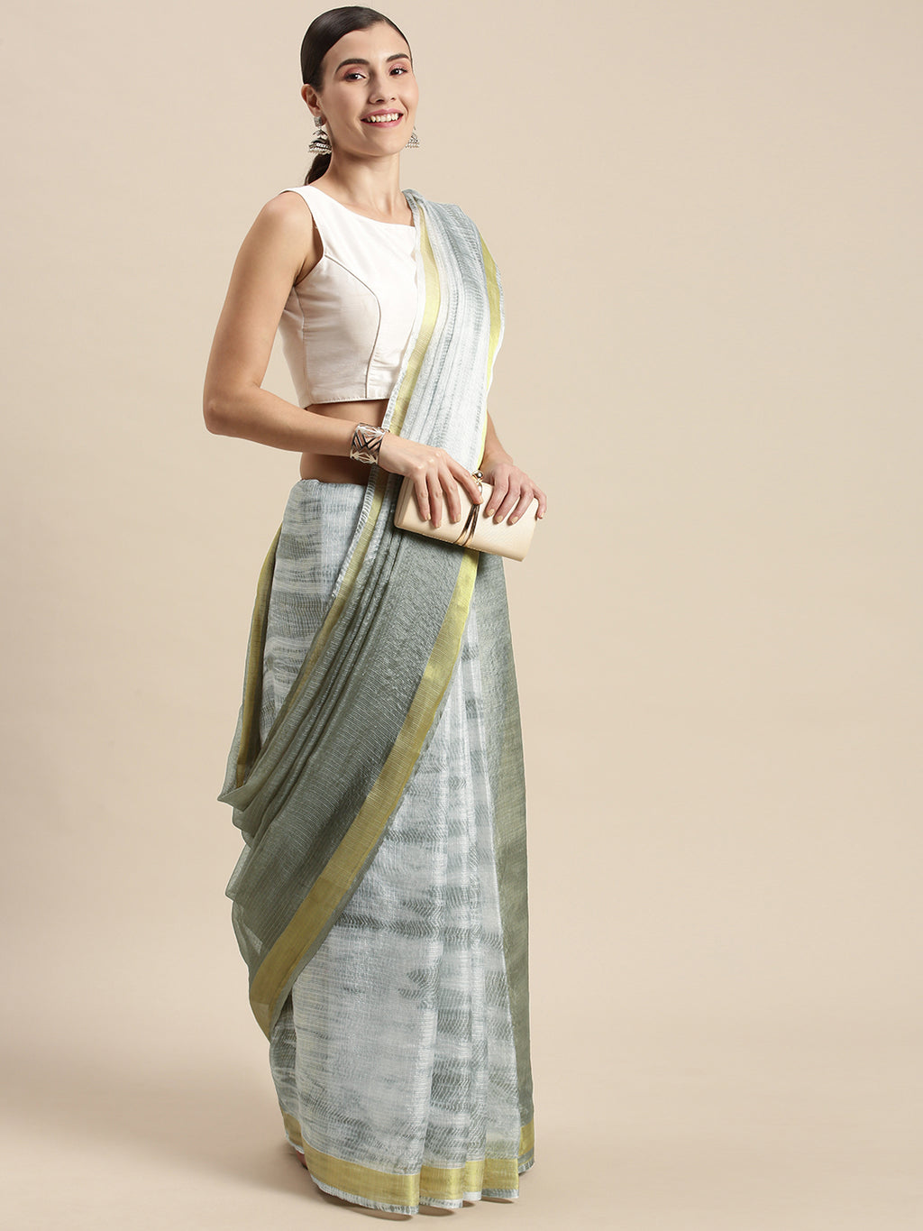 Grey Shibori Print Zari Border Kota Doria Silk Saree