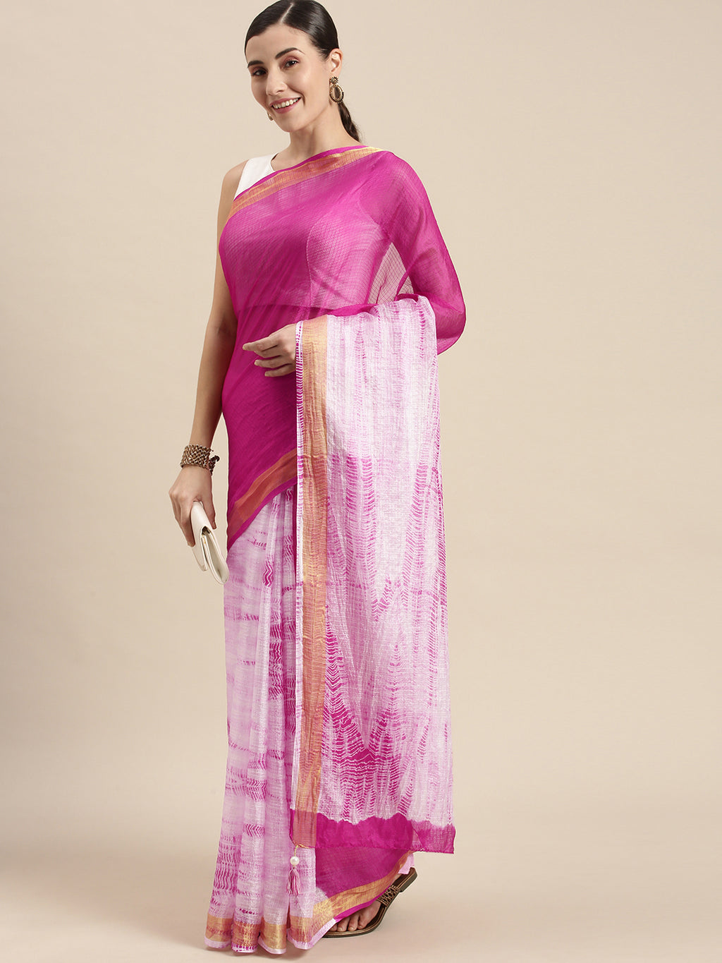 Pink Hand Dyed Shibori Art Kota Silk Saree