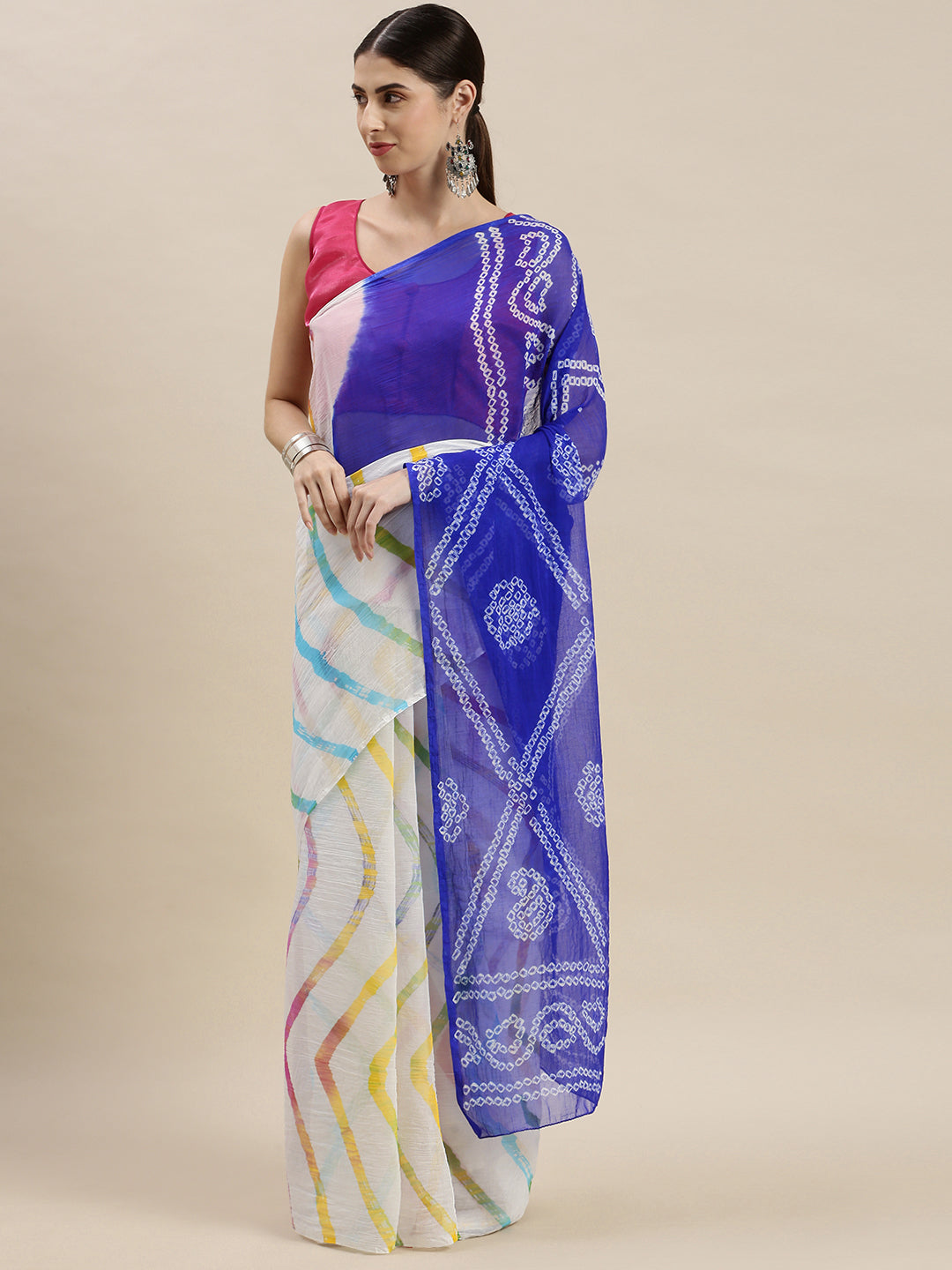 Multi Color Bandhani With Leheriya Chiffon Saree