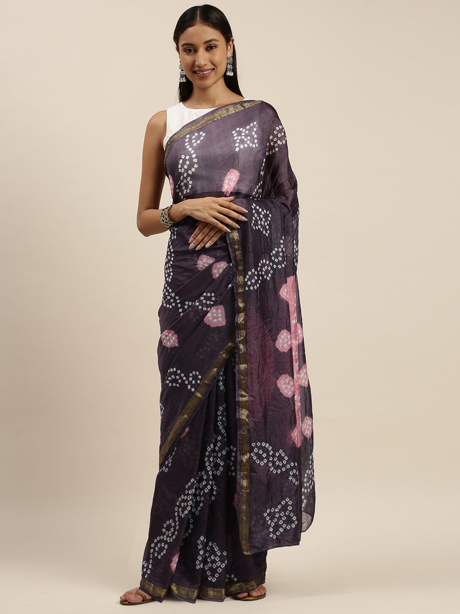 Grey Hand Dyed Bandhani Zari Work Art Silk Saree