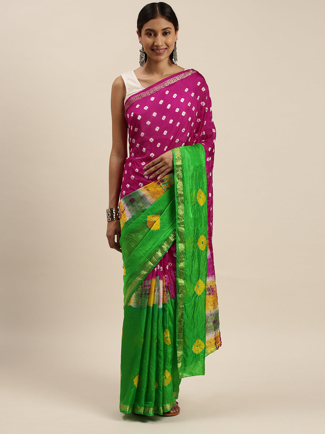 Pink & Green Hand Dyed Bandhani Zari Work Art Silk Saree