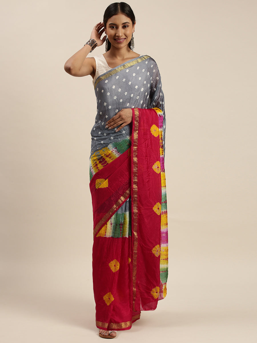Red & Grey Bandhani Art Silk Saree With Zari Border