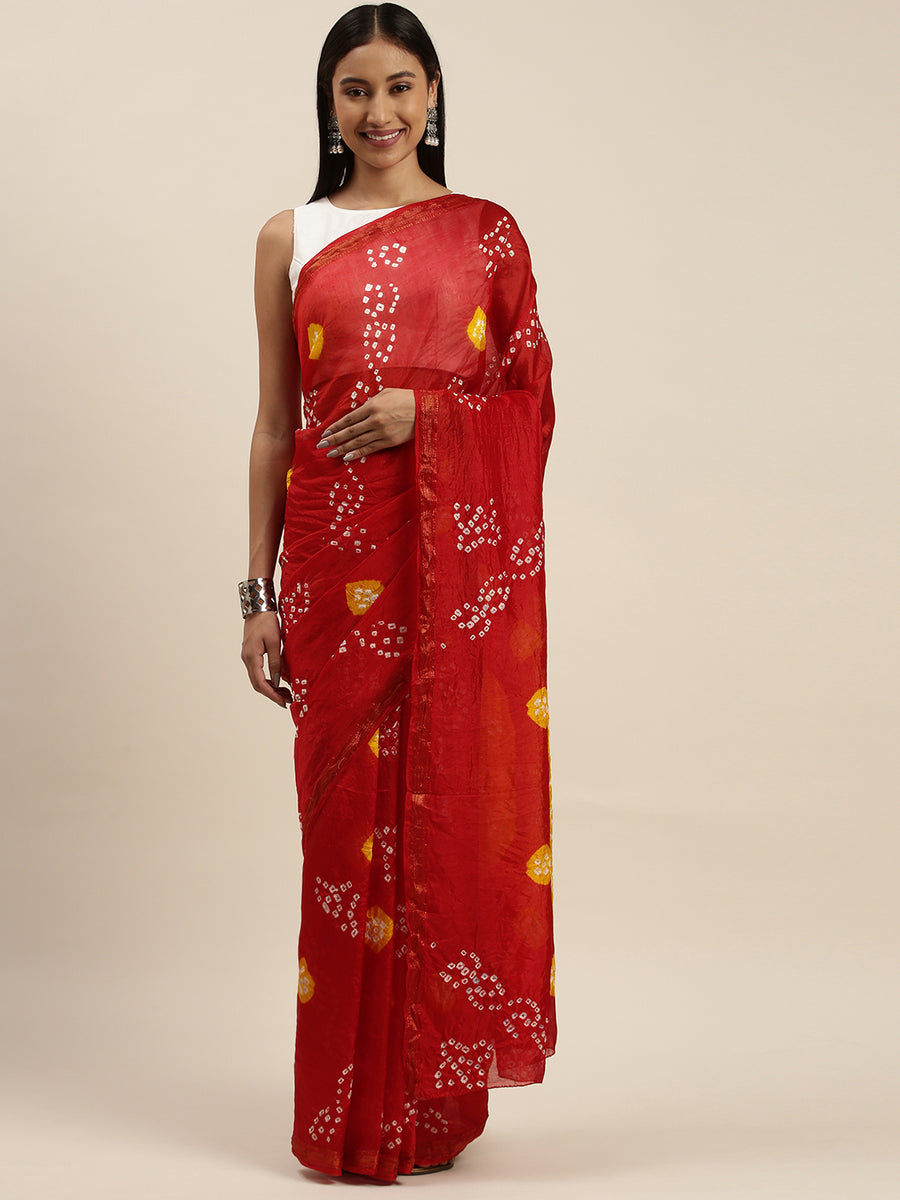 Red Bandhani Art Silk Saree With Zari Border