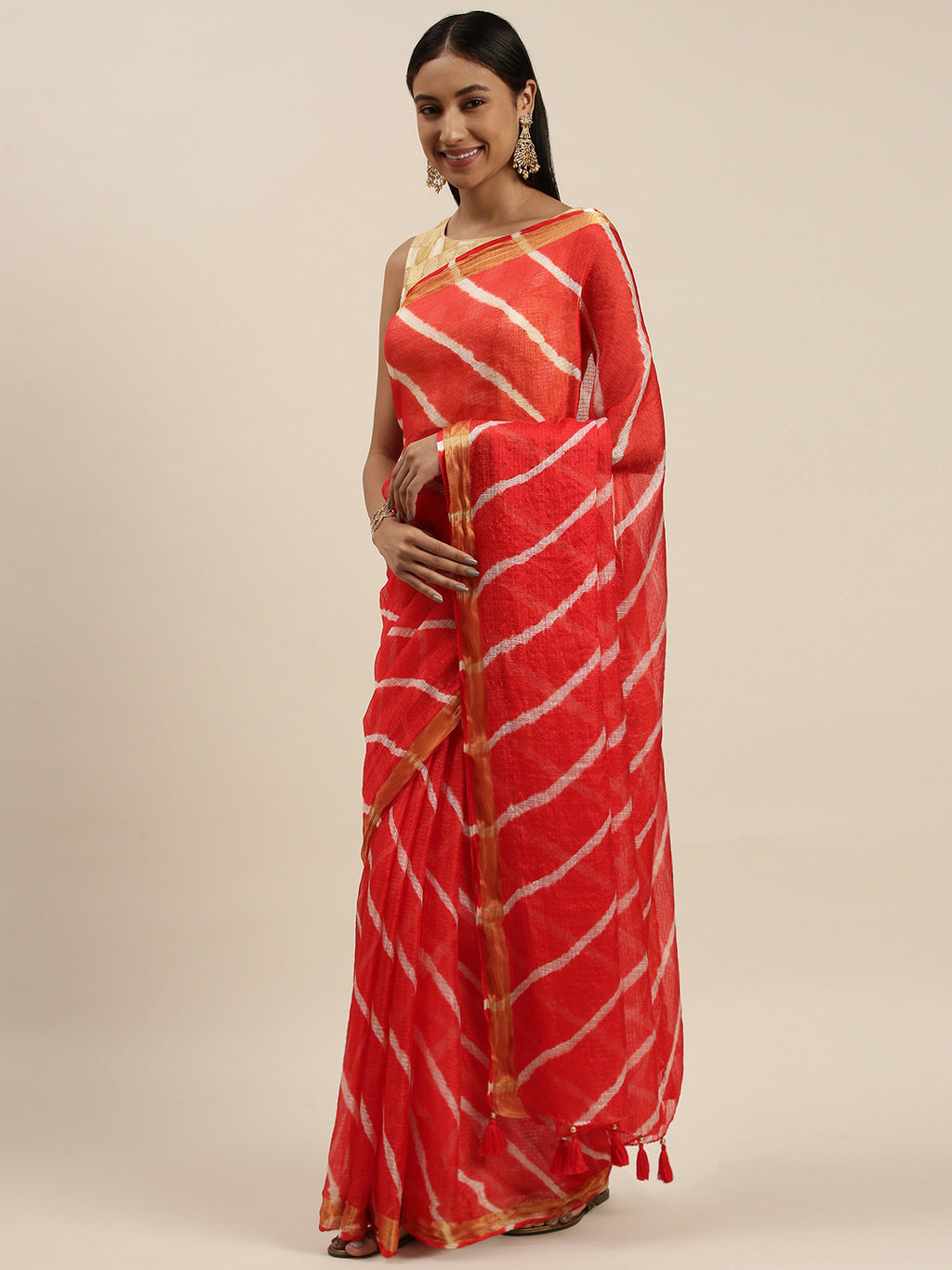 Red Hand Dyed Leheriya Zari Border Kota Doria Saree