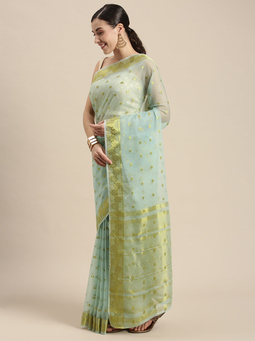 Blue Floral Printed Zari Work Organza Saree