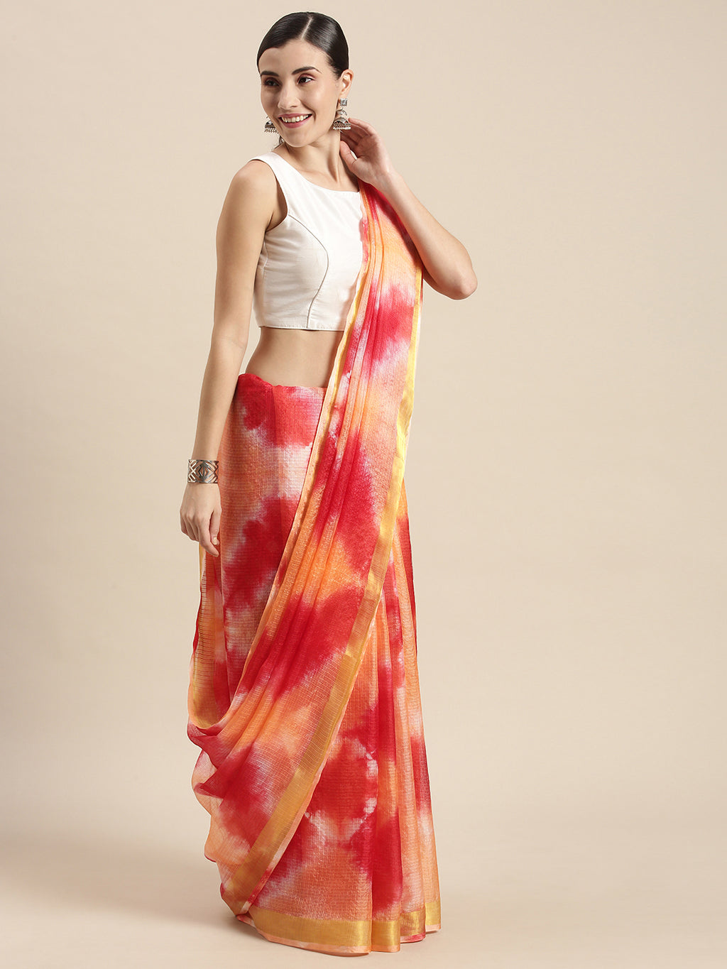 Red Shibori Print Zari Border Kota Doria Silk Saree