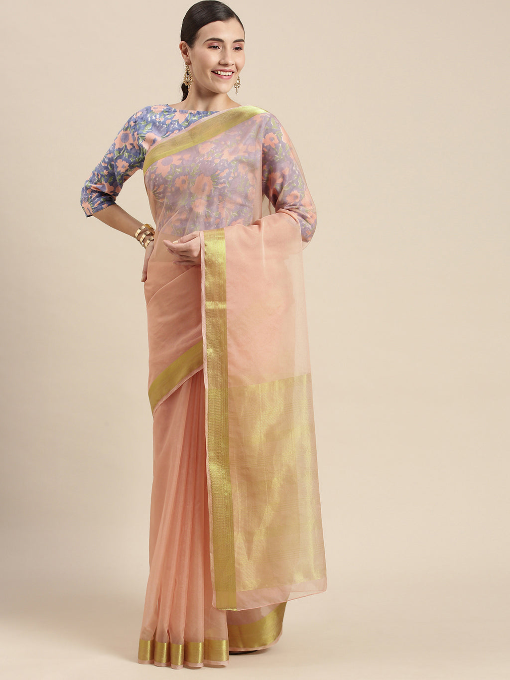 Peach Zari Border Organza Saree