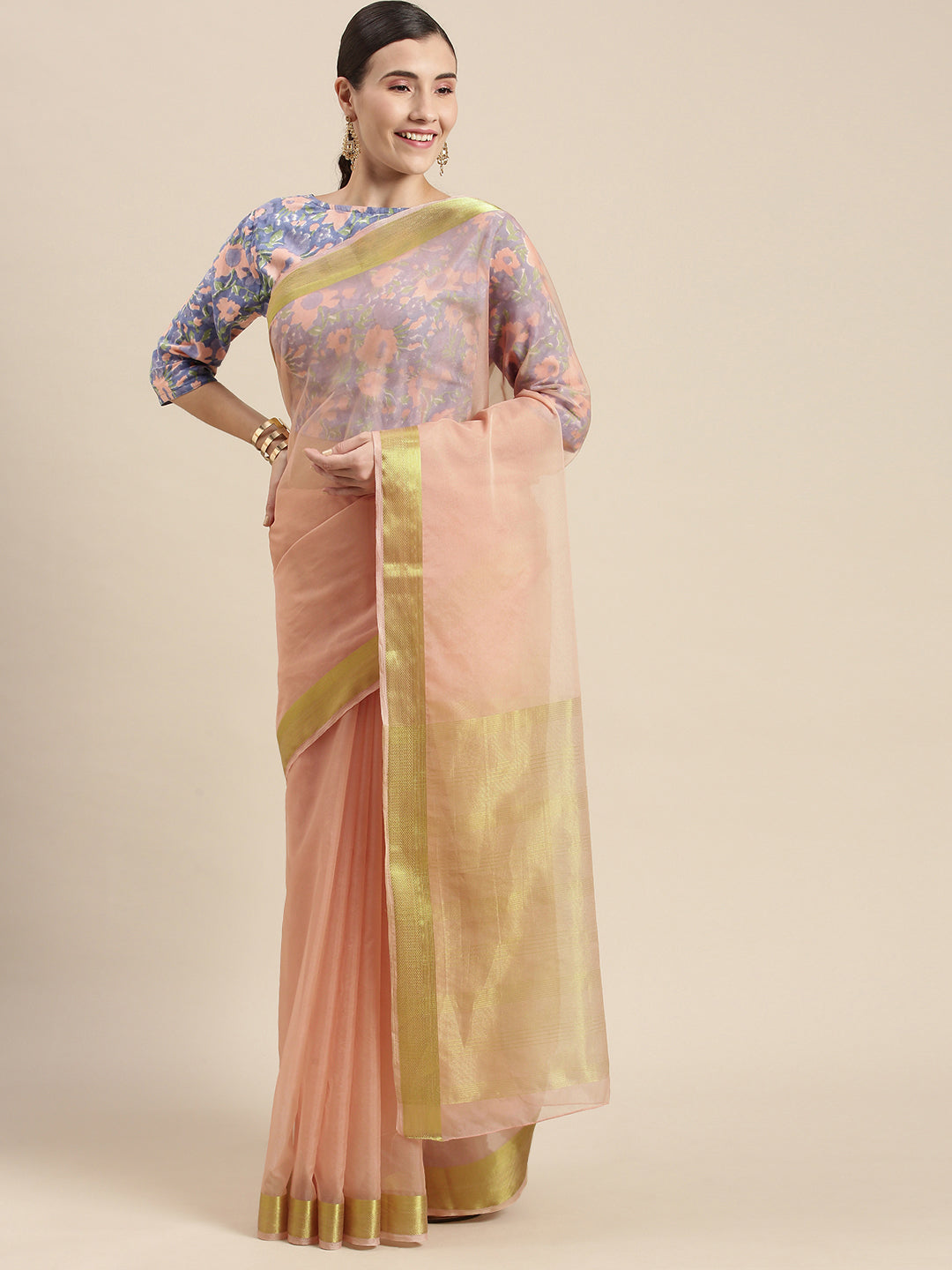 Peach Zari Border Organza Saree