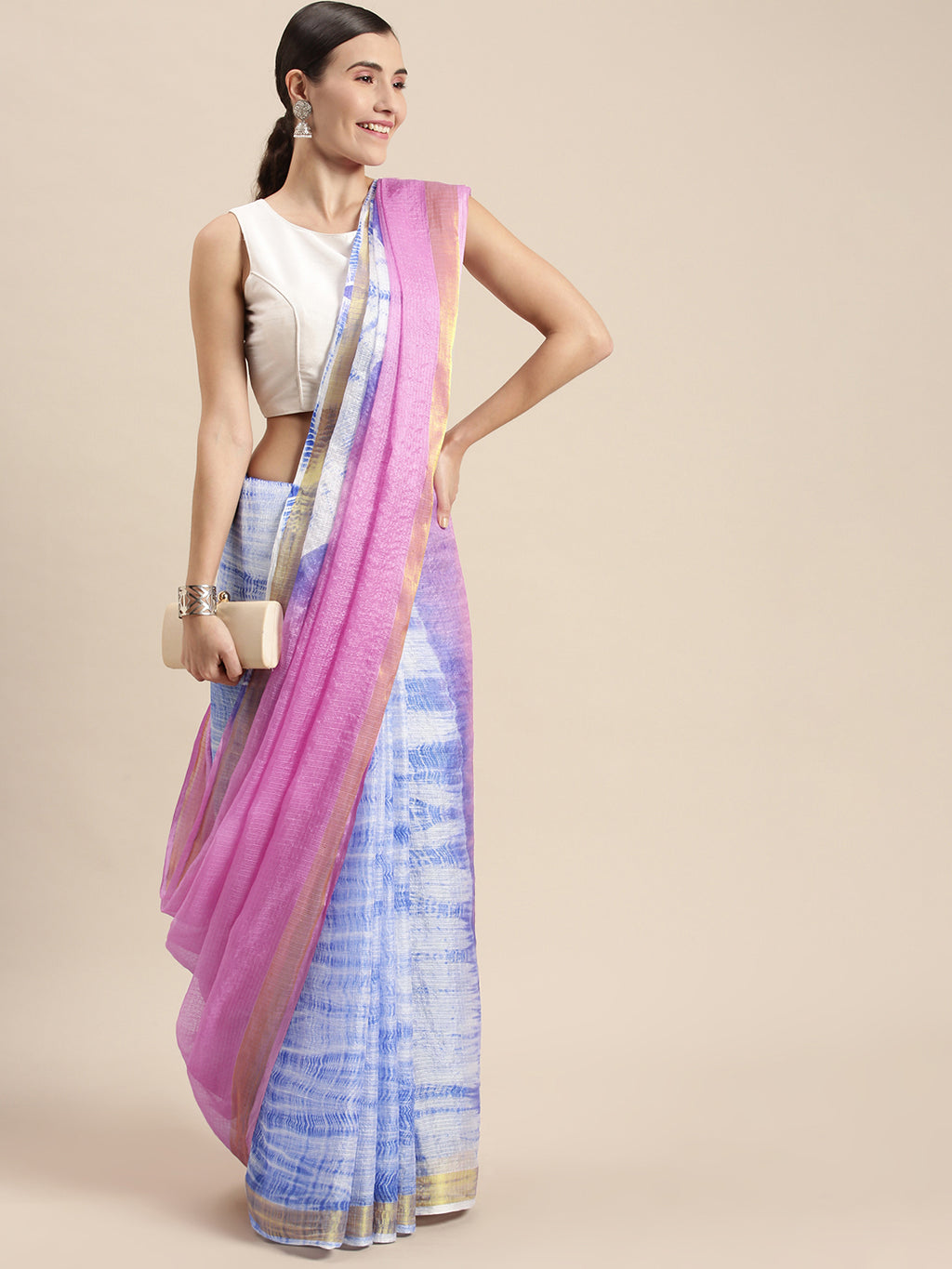 Pink & Blue Shaded Hand Dyed Shibori Art Kota Silk Saree
