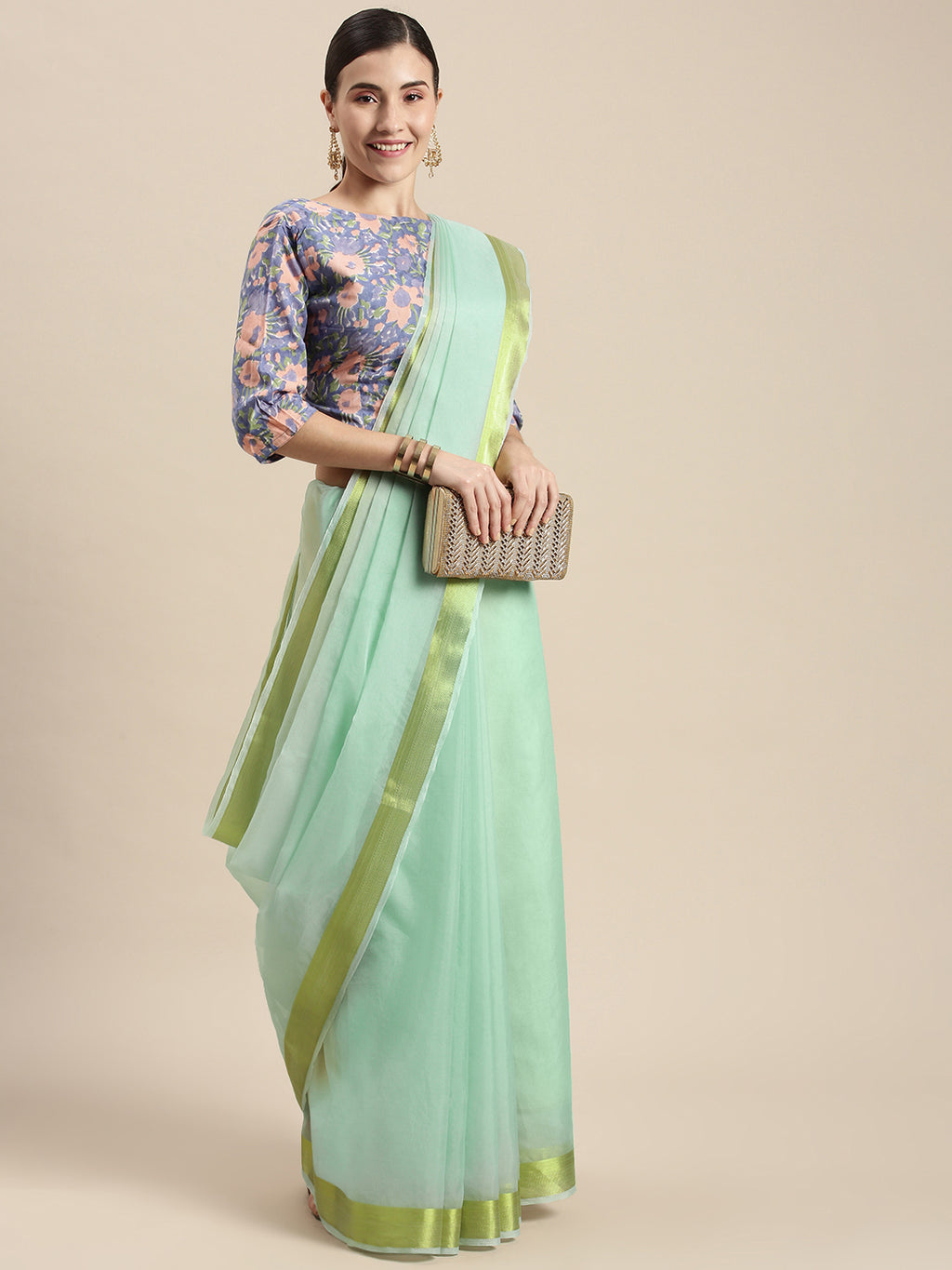 Blue Zari Border Organza Saree