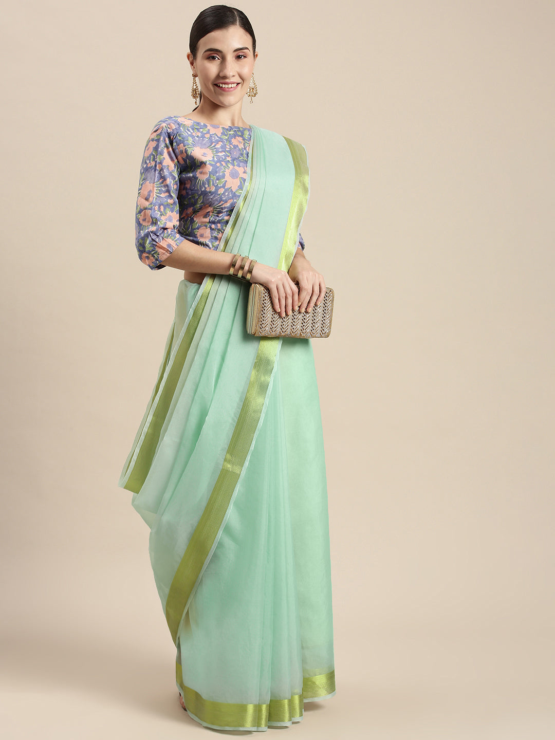 Blue Zari Border Organza Saree