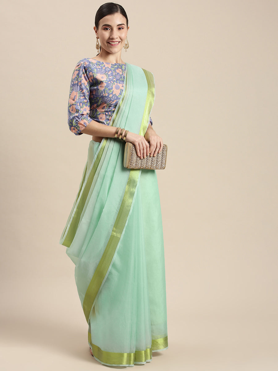 Blue Zari Border Organza Saree