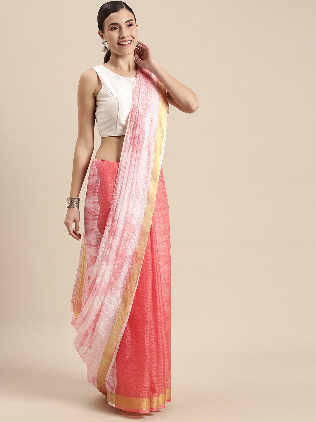 Peach Shibori Print Kota Doria Silk Saree With Zari Border