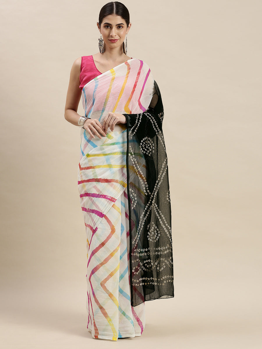 White Bandhani With Leheriya Chiffon Saree
