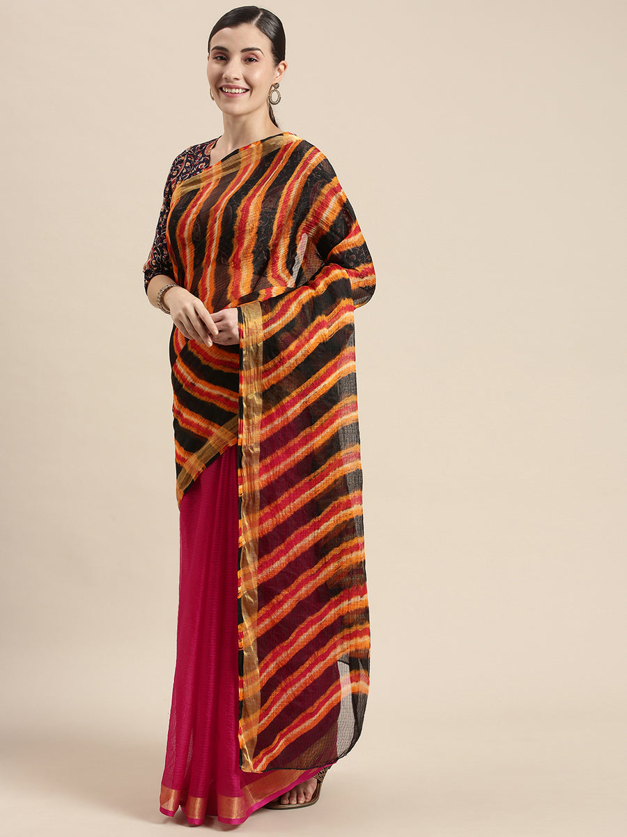 Pink Hand Dyed Leheriya Kota Doria Silk Saree