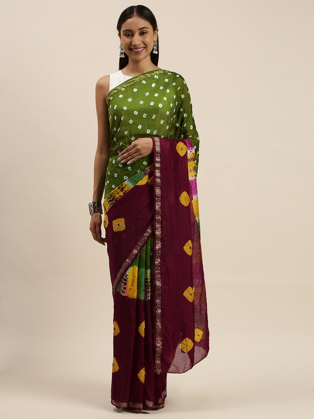 Maroon Shaded Bandhani Zari Work Art Silk Saree