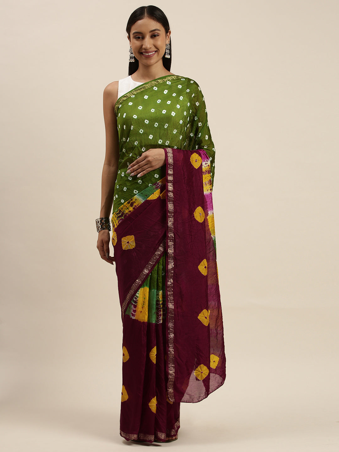 Maroon Shaded Bandhani Zari Work Art Silk Saree