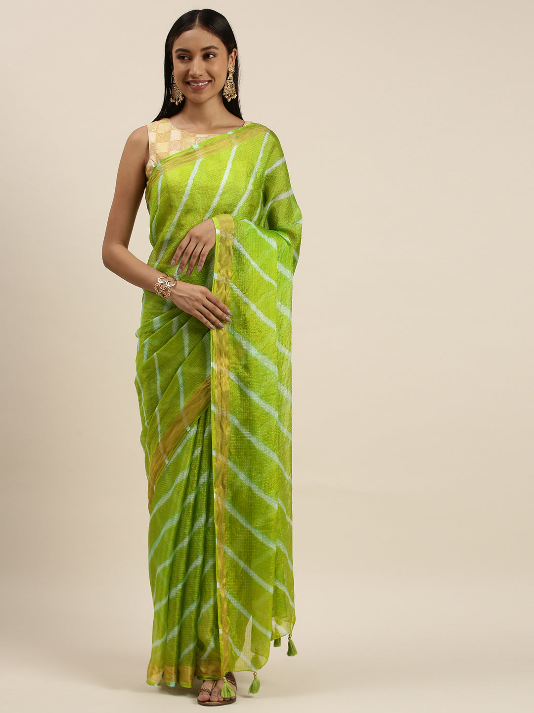 Green Hand Dyed Leheriya Zari Border Kota Doria Silk Saree