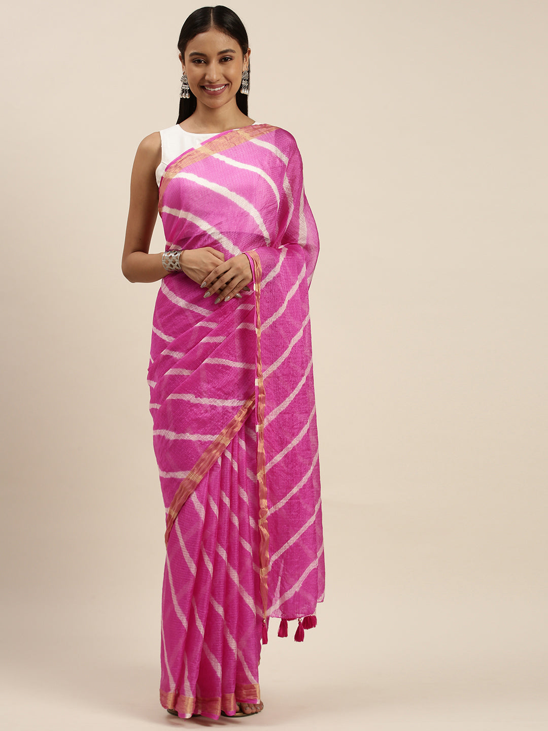 Pink Hand Dyed Leheriya Kota Doria Silk Saree