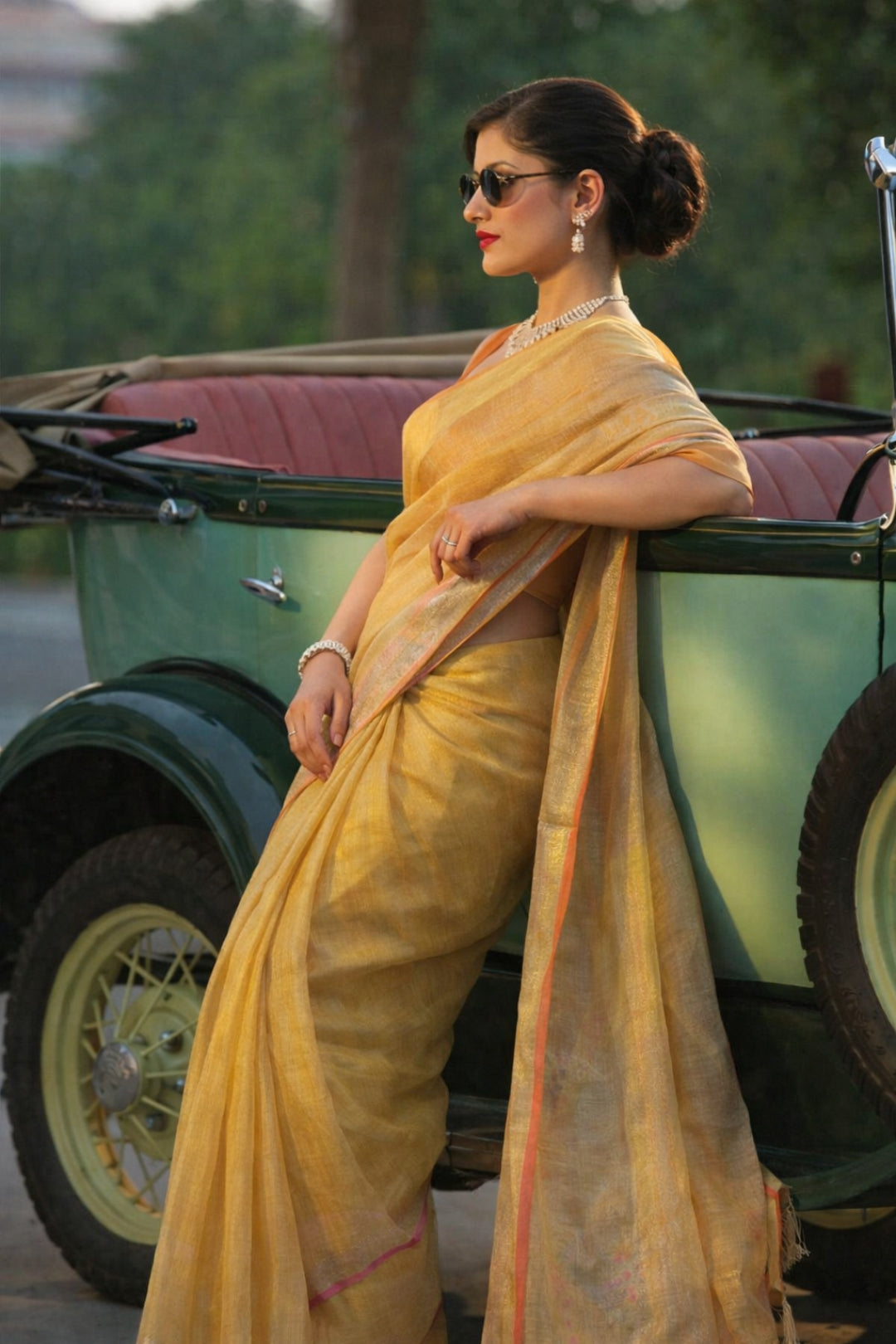 Golden Tissue Linen Saree with Peach Border