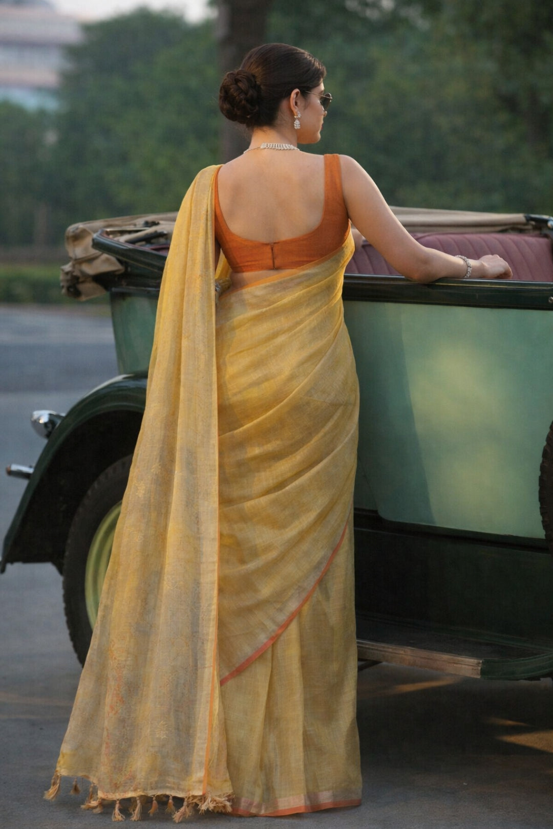 Golden Tissue Linen Saree with Peach Border