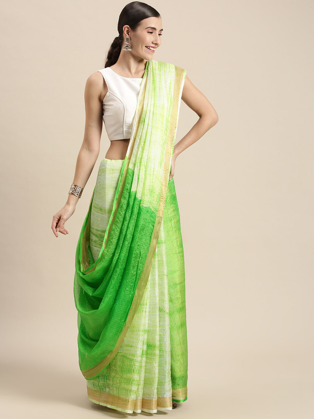 Green Shibori Print Zari Border Kota Doria Silk Saree
