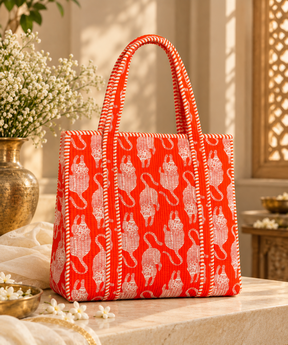 Orange Animal Motif Hand Block Printed Quilted Tote Bag