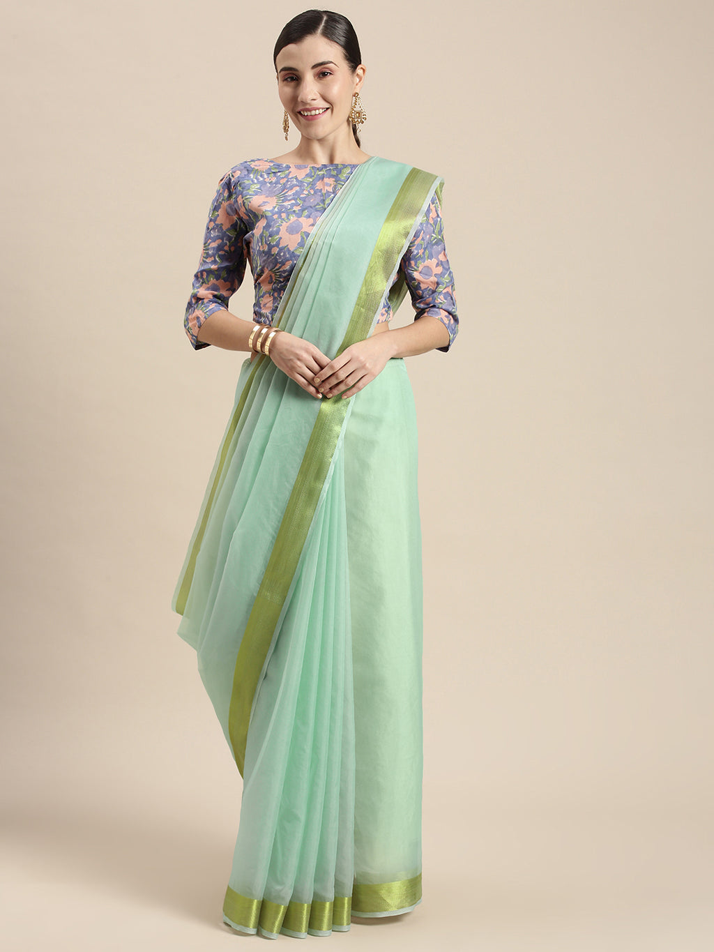 Blue Zari Border Organza Saree