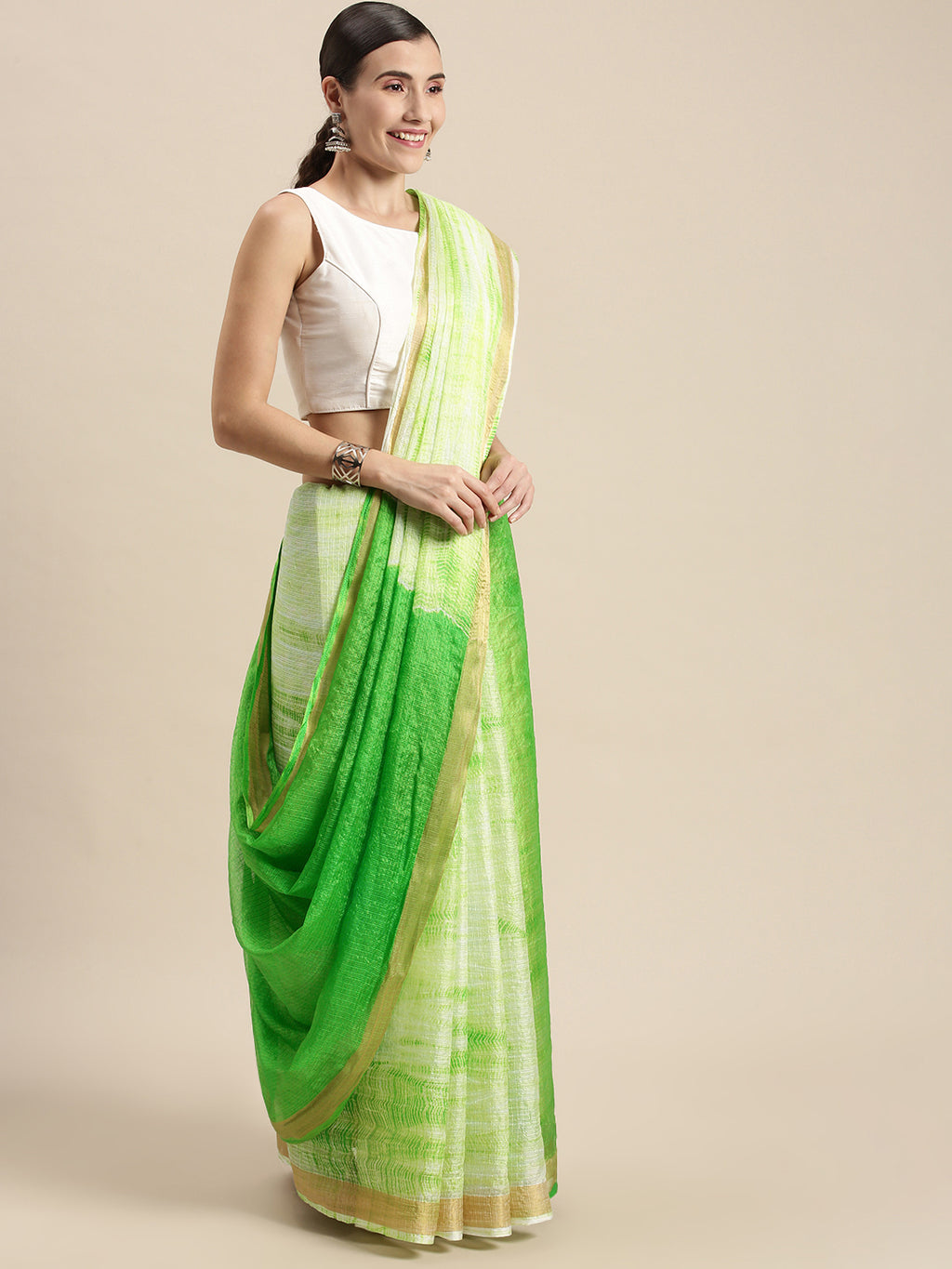 Green Shibori Print Zari Border Kota Doria Silk Saree