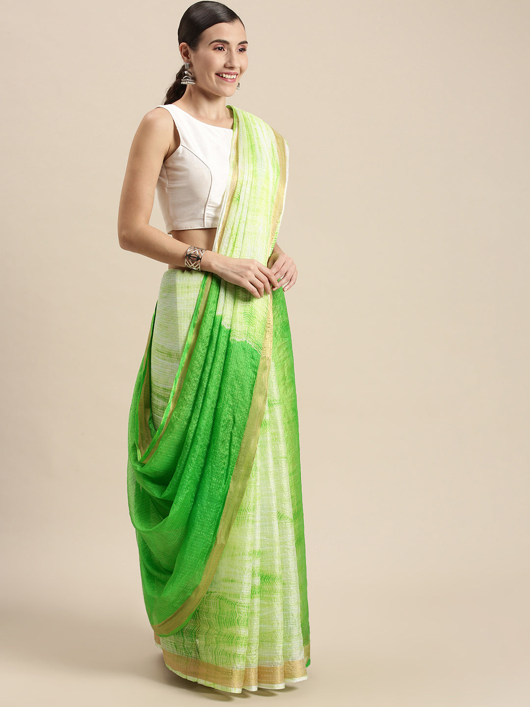 Green Shibori Print Zari Border Kota Doria Silk Saree