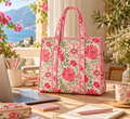 Pink and White floral Hand Block Print Quilted Tote Bag