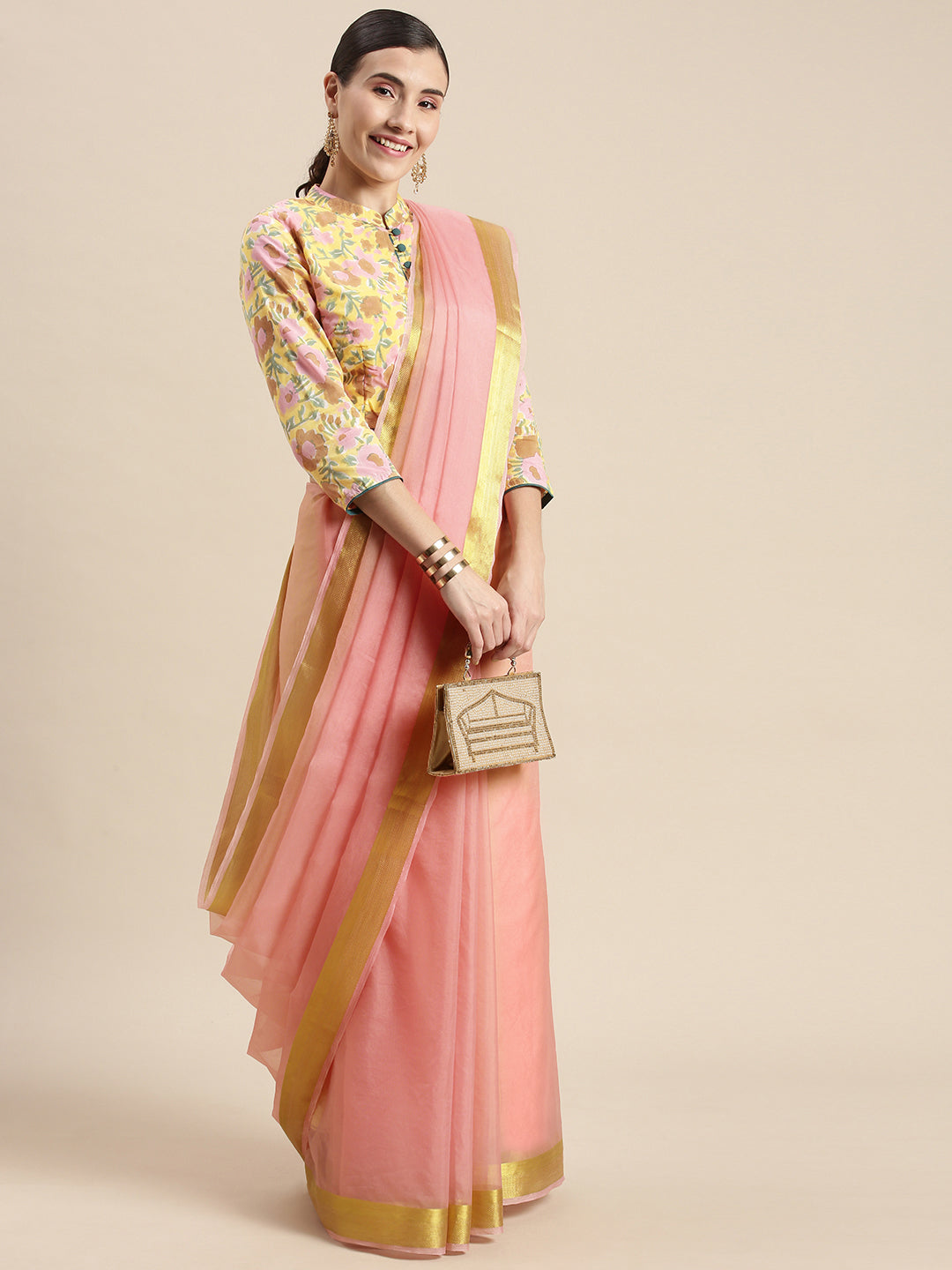 Pink Zari Border Organza Saree