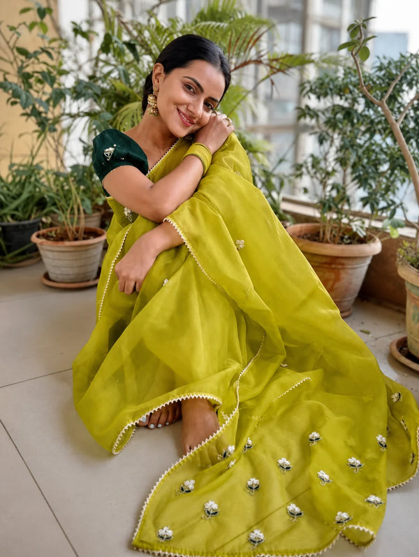 Aastha Choudhary In Green Hand Embroidered Organza Saree