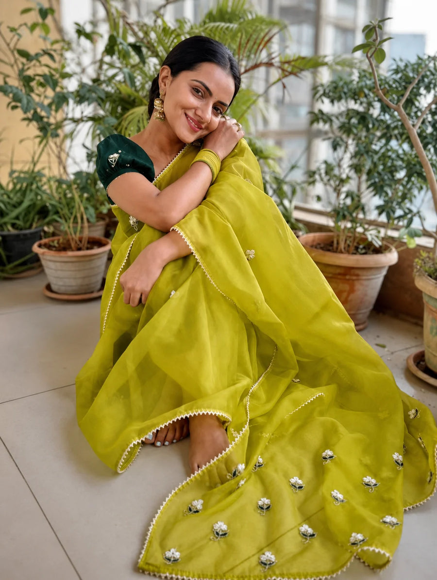 Aastha Choudhary In Green Hand Embroidered Organza Saree