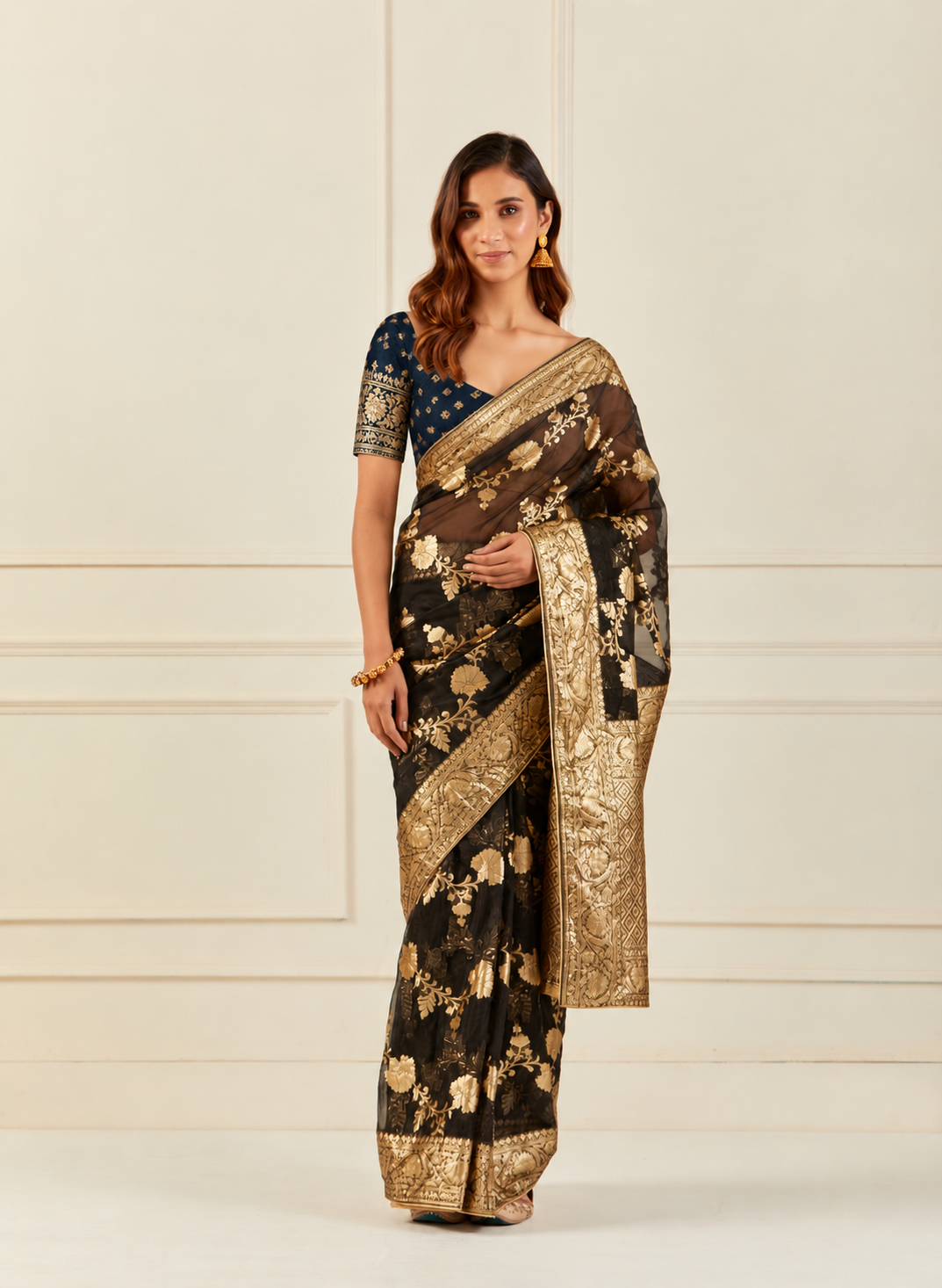 Black Handcrafted Zari Woven Organza Banarasi Saree