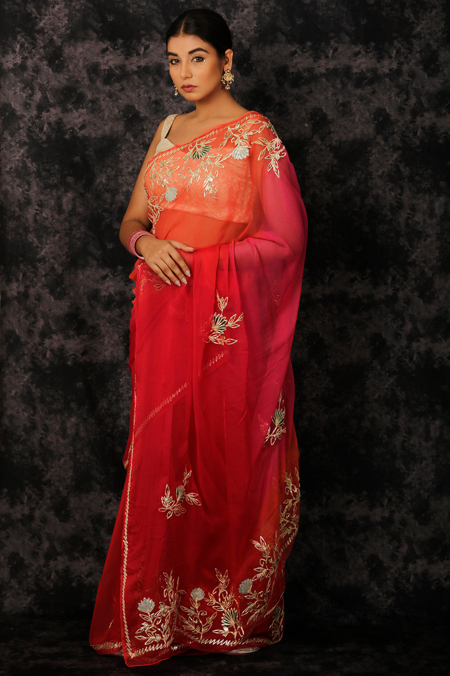 Red Shaded Handcrafted Gota Patti Work Chiffon Saree