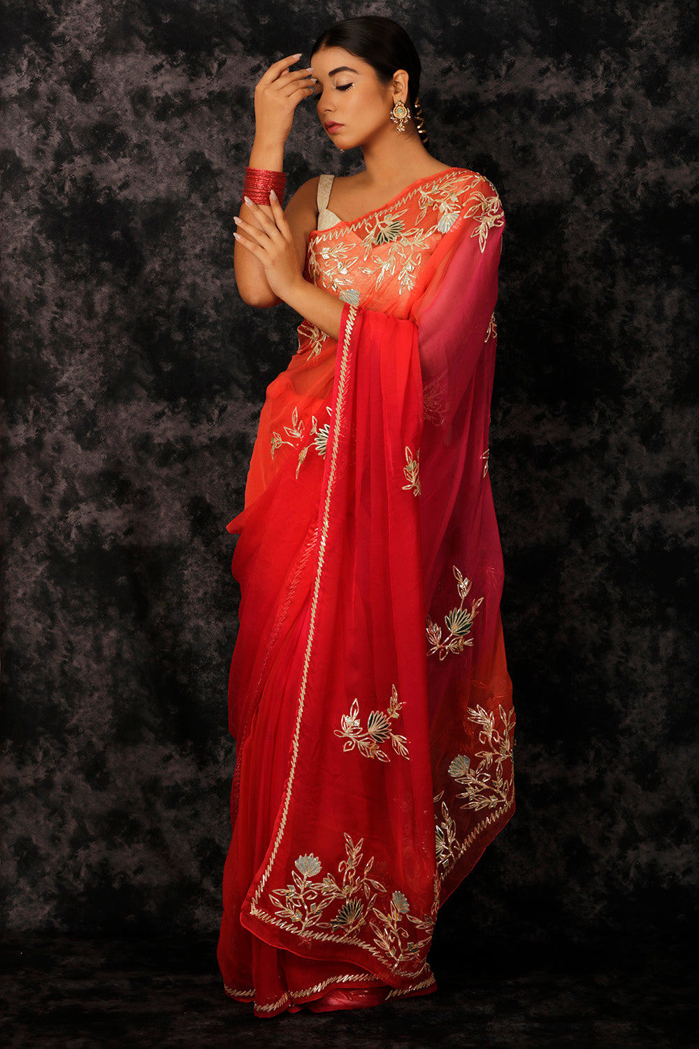 Red Shaded Handcrafted Gota Patti Work Chiffon Saree
