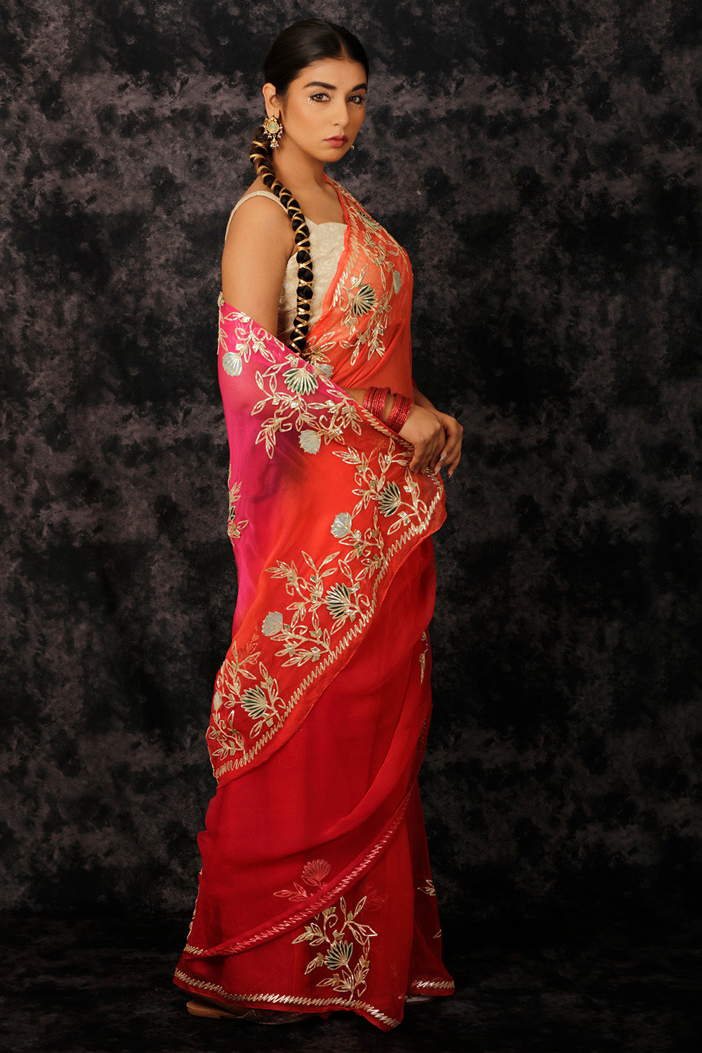 Red Shaded Handcrafted Gota Patti Work Chiffon Saree
