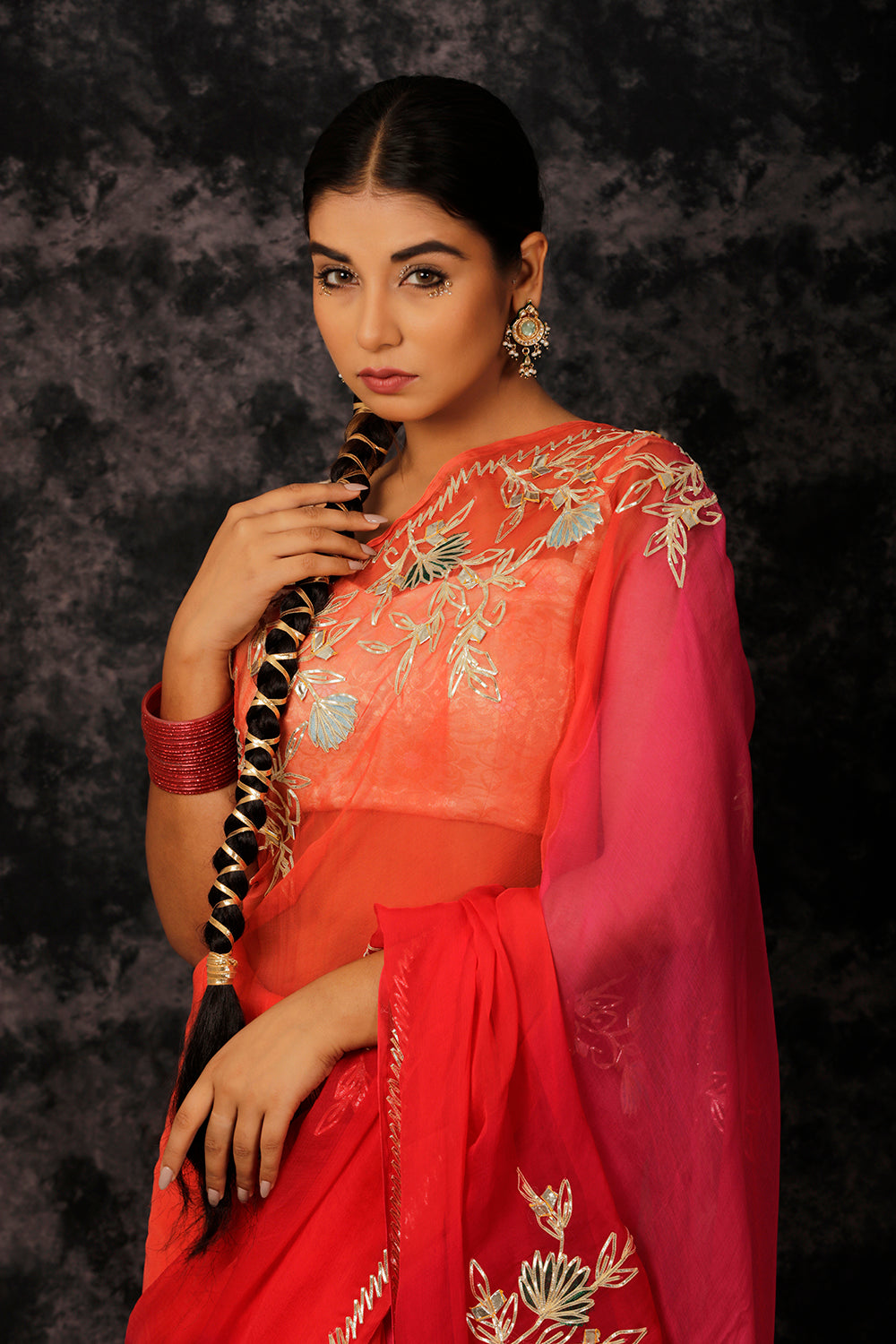 Red Shaded Handcrafted Gota Patti Work Chiffon Saree