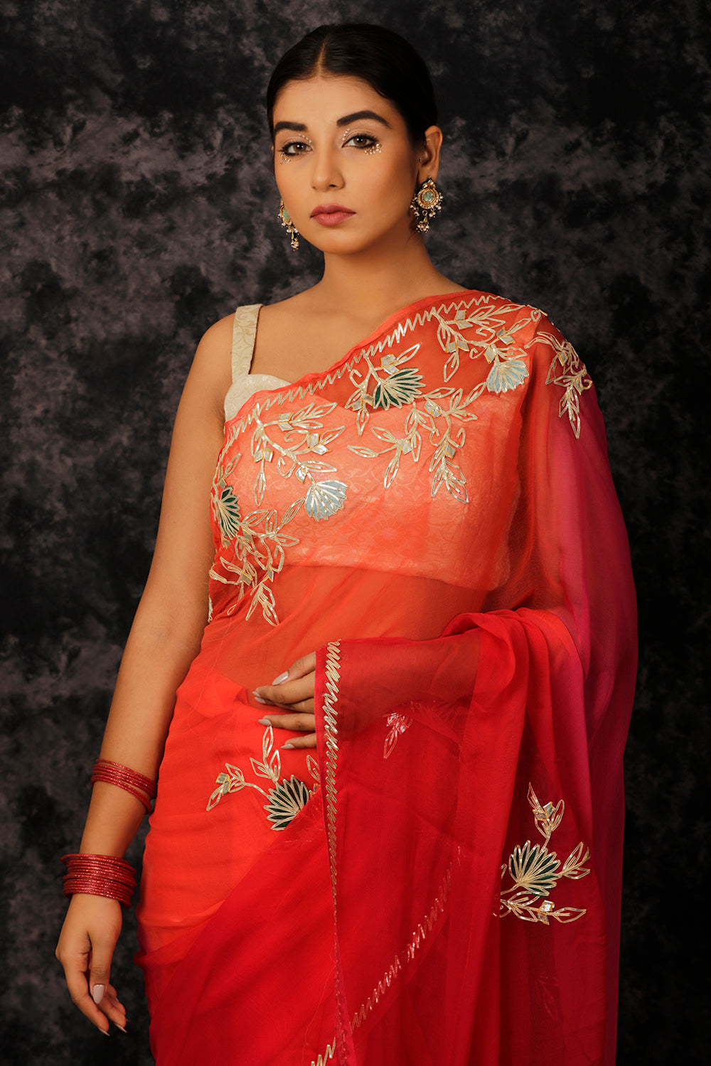 Red Shaded Handcrafted Gota Patti Work Chiffon Saree