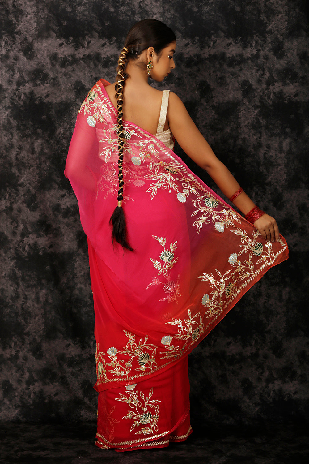 Red Shaded Handcrafted Gota Patti Work Chiffon Saree