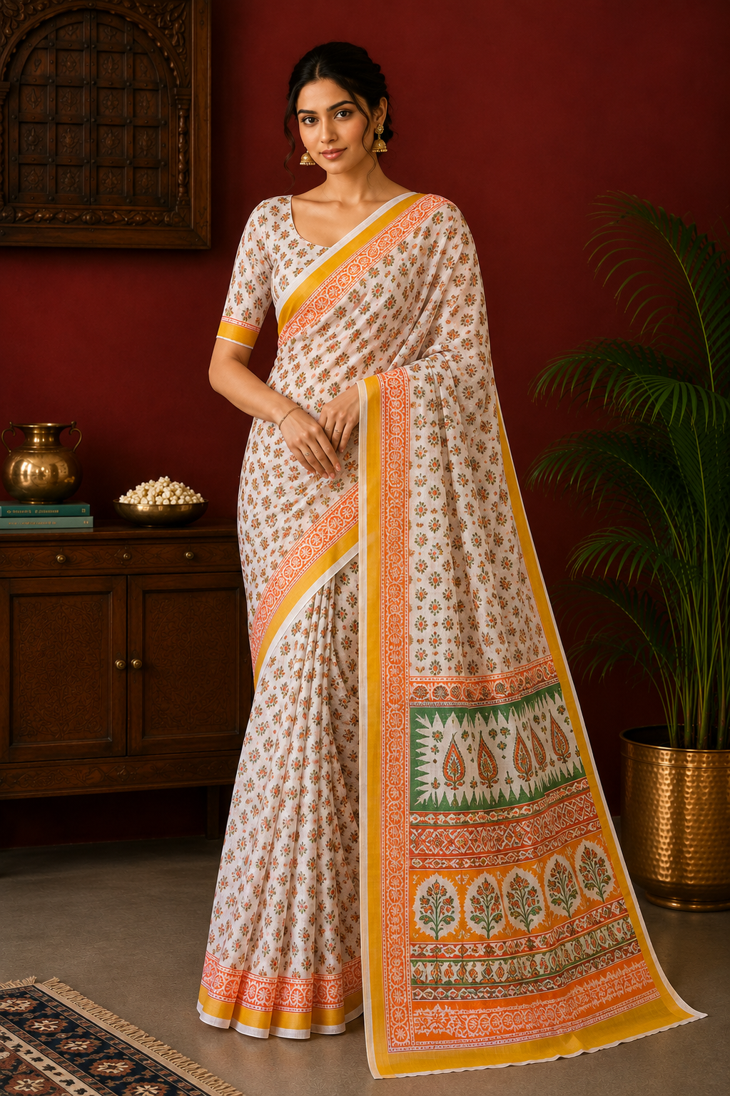 White Hand Block Printed Kota Doria Saree with Zari Border