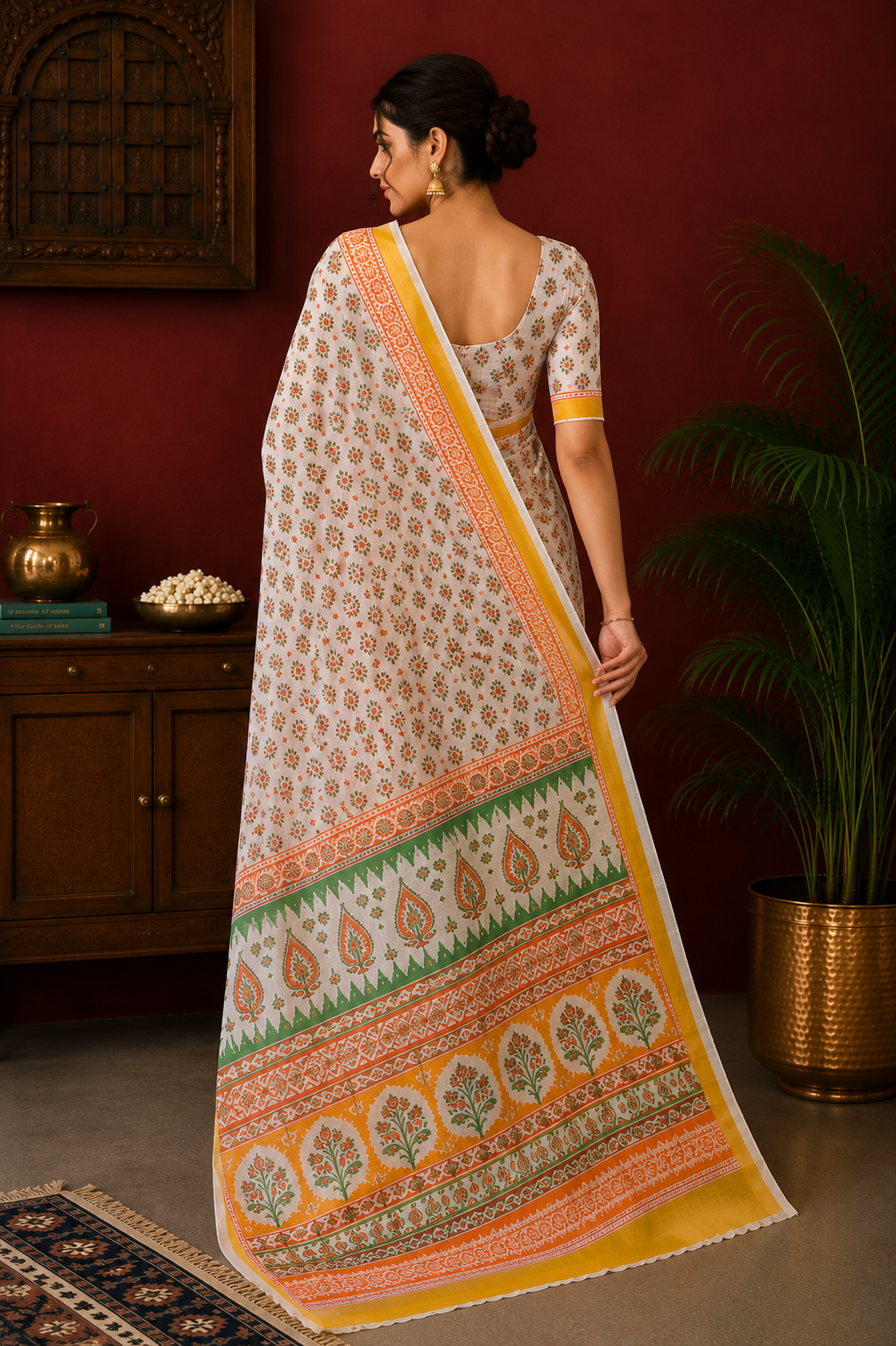 White Hand Block Printed Kota Doria Saree with Zari Border